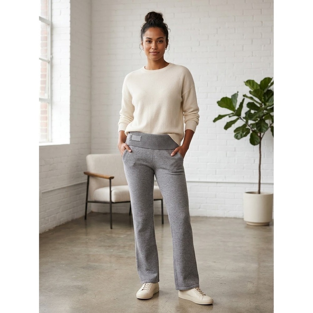 Frankies Bikinis Gray Tan Knit Pants Buckle Foldover Waist Straight Leg Women L